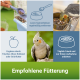 Zwei bunte Papageien, einer frisst, mit Fütterungstipps: "Schalen entfernen," "Frei anbieten," "Frisches Obst und Gemüse hinzufügen." Titel: "Fütterungstipps."