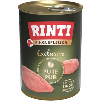 Dosen-Hundefutter mit der Aufschrift "RINTI Singlefleisch Exclusive Pute Pur," mit Putenfleisch, mit dem Text "1 Protein SINGLE" und "getreidefrei."