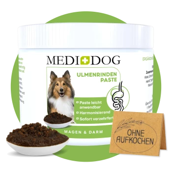MediDog Ulmenrindenpaste für Hunde, mit einem lächelnden Collie, einer Schüssel mit Paste und einem Schild mit der Aufschrift "OHNE AUFKOCHEN" (kein Kochen erforderlich).