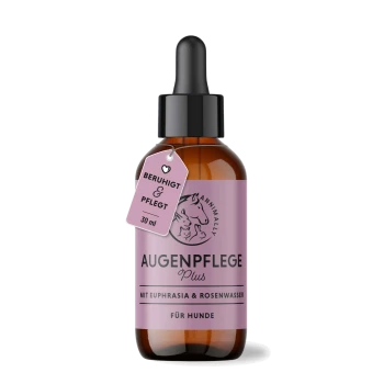 Braune Tropfflasche mit der Aufschrift „Augenpflege Plus“ für Hunde mit Augentrost und Rosenwasser, 30 ml.