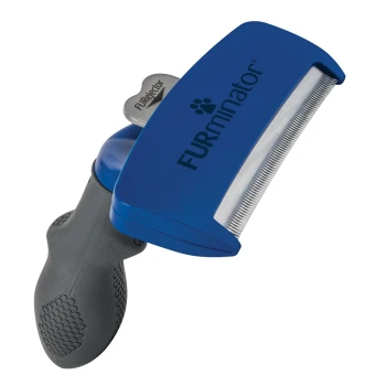 FURminator Haustierpflegewerkzeug mit blauem Griff und Edelstahlkante zum Entfernen von losem Fell und Unterfell.