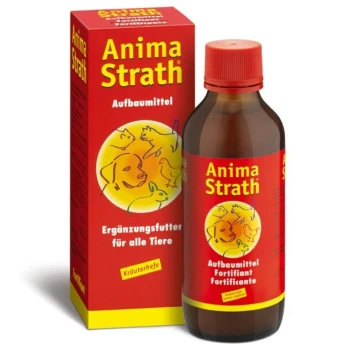 Flasche Anima Strath, ein Nahrungsergänzungsmittel für Haustiere, mit einem roten Etikett, das Illustrationen verschiedener Tiere und Text in deutscher Sprache zeigt.