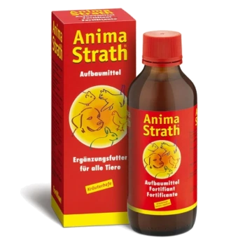 Flasche Anima Strath, ein Nahrungsergänzungsmittel für Haustiere, mit einem roten Etikett, das Illustrationen verschiedener Tiere und Text in deutscher Sprache zeigt.