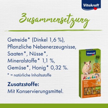 Vitakraft Produktverpackung mit einem Hamster, mit Text, der die Zutaten beschreibt: Getreide, Gemüse, Honig und Konservierungsstoffe.