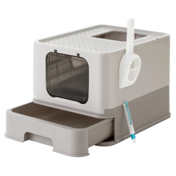 Eine moderne, zweifarbige Katzenstreu-Box mit einer transparenten Fronttür, einem Schaufelhalter und einer herausziehbaren Schublade für einfache Reinigung.