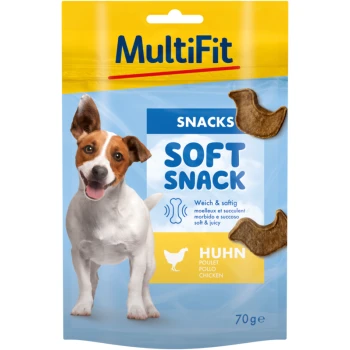 Colorful 70g pet snack package labeled "MultiFit Snacks Soft Snack" with a chicken flavor and multilingual text.