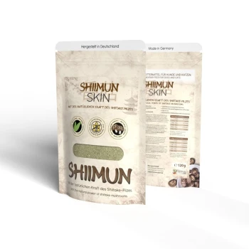 Eine Packung Shiimun Skin Haustierergänzung, mit erdigen Tönen, mit dem Text 'SHIIMUN SKIN' deutlich sichtbar.