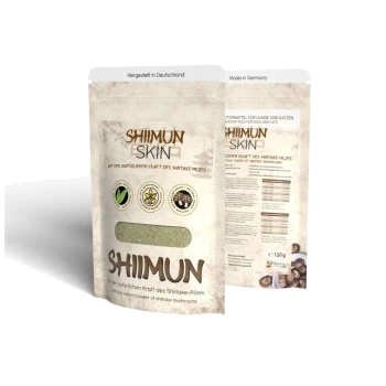 Eine Packung Shiimun Skin Haustierergänzung, mit erdigen Tönen, mit dem Text 'SHIIMUN SKIN' deutlich sichtbar.