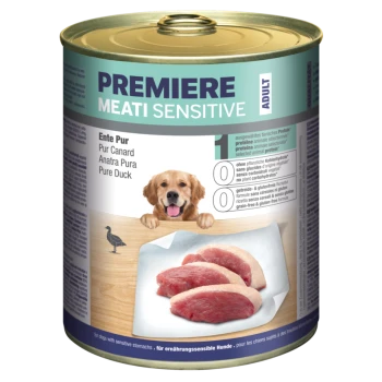Dosen-Hundefutter "Premiere Meati Sensitive" mit reinem Entenfleisch, mit einer Hundillustration und dem Hinweis auf getreidefrei, glutenfrei.