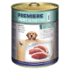 Karma w puszce dla psów "Premiere Meati Sensitive" z czystym mięsem z kaczki, z ilustracją psa i podkreśleniem braku zbóż i glutenu.