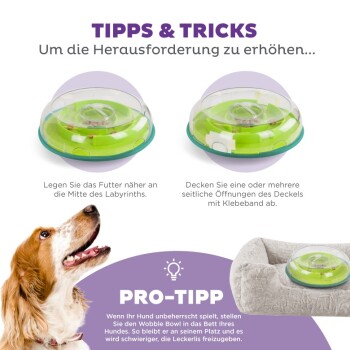 Glücklicher Hund neben einem Wobble Bowl Spielzeug, mit Tipps für herausforderndes Füttern: "TIPPS & TRICKS" und "PRO-TIPP."