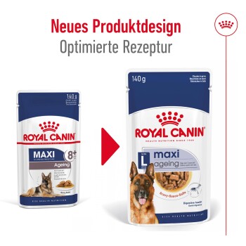Vergleich der Verpackung von Royal Canin Hundefutter, mit 'Maxi Ageing' für Hunde ab 8 Jahren, das neues Design und optimiertes Rezept hervorhebt.