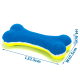 Blaues Plüsch-Hundespielzeug in Form eines Knochens, 23,5 cm lang, 10,5 cm breit und 4,6 cm hoch, mit gelbem Boden.