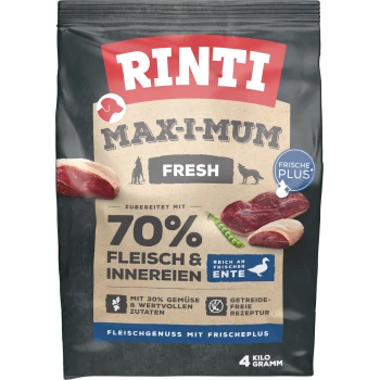 MAX-I-MUM Kaczka 4 kg Torba z karmą dla psów Rinti Max-I-Mum Fresh, zawierająca 70% mięsa i podrobów, z 30% warzyw, przepis bez zbóż, waga 4 kg.