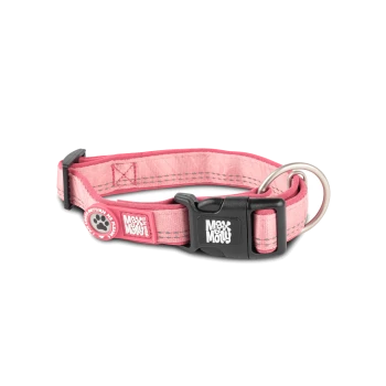 Pinkes verstellbares Hundehalsband mit schwarzer Schnalle, Metallring und „Max & Molly“ Logo aus einem Online-Tierfachgeschäft.