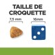 Image comparant les tailles de croquettes pour animaux : une croquette triangulaire de 7,5 mm à côté d'un dé bleu de 16 mm, étiquetée "TAILLE DE CROQUETTE."