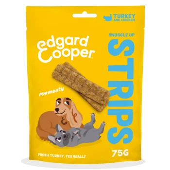 Strips Truthahn und Huhn 75 g Verpackung der Edgard Cooper Snuggle Up Strips mit zwei Streifen, verspieltem Hund und Katze sowie dem Text "Mmmeaty" und "FRISCHER PUTENFLEISCH, JA WIRKLICH."