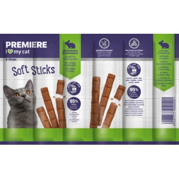 Premiere I love my cat Soft Sticks mit Kaninchen & Katzenminze, 6 Sticks, 95 % Fleisch, getreidefrei, ohne Zuckerzusatz, Verpackung für Katzensnacks.