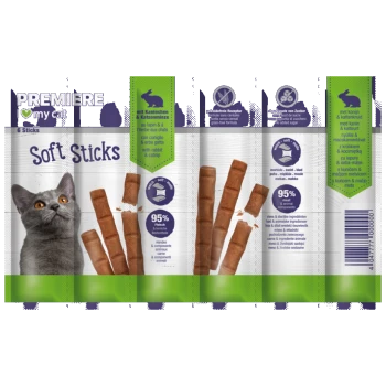 Premiere I love my cat Soft Sticks met konijn & kattenkruid, 6 sticks, 95% vlees, graanvrij, zonder toegevoegde suiker kattenlekkernijen verpakking.