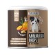 Runde Dose mit der Aufschrift 'Tierliebhaber Analdrüsen Drops' zeigt einen Cartoon-Hund, Abbildungen von Früchten und Öl sowie den deutschen Text 'für feste Häufchen'.