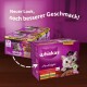 Verpackung von Whiskas Katzenfutter mit zwei Schachteln und einem Bild einer grauen Katze, Text 'Neuer Look, noch besserer Geschmack!' und '24 Vorratspack'.