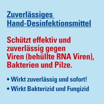 Anzeige für Handdesinfektionsmittel, die die Wirksamkeit gegen Viren, Bakterien und Pilze hervorhebt, mit wichtigen Vorteilen in rotem Text aufgelistet.