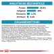 Nährwertdiagramm für Haustierfutter mit Protein (25,5 %), Fett (20 %), Asche (6,3 %) und Ballaststoffen (3,6 %), mit detaillierter Zutatenliste.