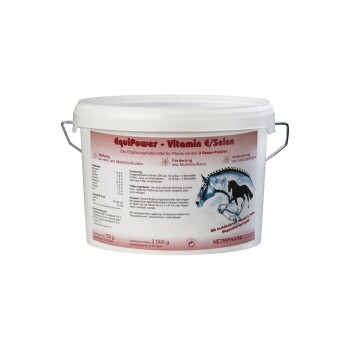 EquiPower Vitamin E/Selen Ergänzung für Pferde in einem 750g Eimer, mit Dosierungsanweisungen und Vorteilen für die Muskelentwicklung.