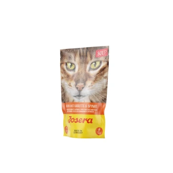 Soup Huhn mit Karotte & Spinat (16 x 70g) Verpackung für Katzenfuttersuppe mit einer Nahaufnahme des Gesichts einer Katze, beschriftet mit "Soup" und "Huhn mit Karotte & Spinat" sowie "Josera."