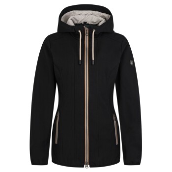 Schwarze Damenjacke mit Kapuze, ausgestattet mit einem Frontreißverschluss und zwei seitlichen Taschen, entworfen für den Outdoor-Einsatz.