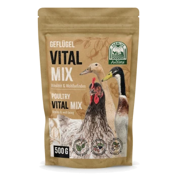 Poultry Vital Mix Verpackung mit einem Huhn, einer Ente und einem Erpel, mit Text, der Vitalität und Wohlbefinden hervorhebt, 500g.