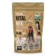 Poultry Vital Mix Verpackung mit einem Huhn, einer Ente und einem Erpel, mit Text, der Vitalität und Wohlbefinden hervorhebt, 500g.