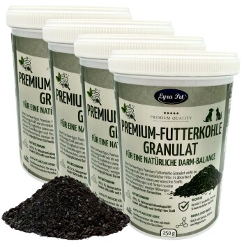 Lyra Pet „Premium-Futterkohle Granulat“ 250 g Dosen mit Haufen schwarzer Holzkohle; Aufschrift: „Für eine natürliche Darm-Balance“