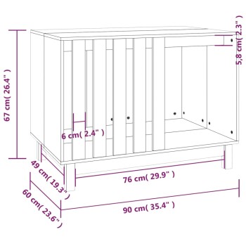 Illustration eines Haustieraufbewahrungsschranks mit beschrifteten Abmessungen: Höhe 67 cm, Breite 90 cm, Tiefe 60 cm, mit lamellierten Türen.