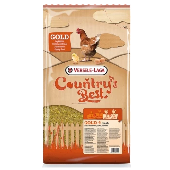 Un sac de mash Versele-Laga Country's Best GOLD pour poules pondeuses, avec une poule, un poussin, et des œufs sur un fond à thème de ferme.