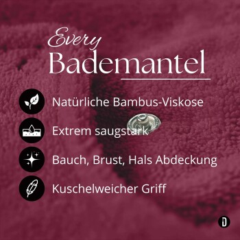 Maronner Bambus-Viskose-Haustierbademantelstoff mit Druckknopf, Überschrift 'Every Bademantel' und deutscher Eigenschaftenliste.