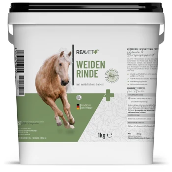 Ein weißes Pferd, das vor einem grünen Hintergrund läuft, dargestellt auf einem 1 kg Behälter beschriftet mit "REAVET WEIDEN RINDE mit natürlichem Salicin," hergestellt in Deutschland.