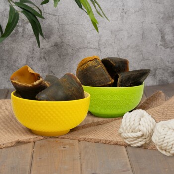 Zwei bunte Schalen, gelb und grün, gefüllt mit dunklen Hundekauartikeln auf einer Holzoberfläche mit Jute- und weißen Seilspielzeugen in der Nähe.