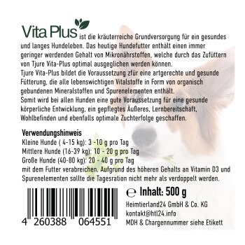 Vita Plus Hundefutterverpackung mit einer Beschreibung seiner Kräuterzutaten für ein gesundes Hundeleben, Anwendungshinweisen und Ernährungsrichtlinien.