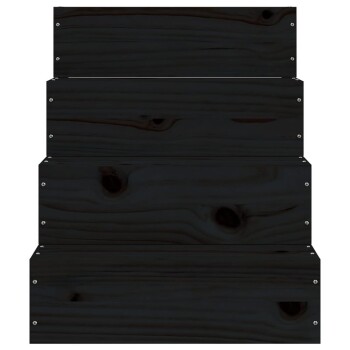 Schwarzer Holzbehälter zur Aufbewahrung von Haustierfutter mit vier gestapelten Fächern und sichtbaren Schrauben.