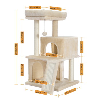 Zwei Katzen auf einem beigen mehrstöckigen Katzenbaum mit hängendem Ballspielzeug und Kratzrampe.