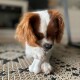 Ein Cavalier King Charles Spaniel Welpe, der auf einem gemusterten Teppich auf einem weißen, knochenförmigen Spielzeug kaut.