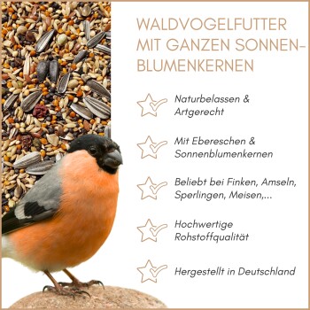 Anzeige: Saatmischung mit ganzen Sonnenblumenkernen und Gimpel; Text: 'Waldvogelfutter mit ganzen Sonnenblumenkernen'
