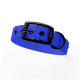 Blaues Hundehalsband mit schwarzem Schnallenverschluss und Löchern zur Anpassung, mit dem Text 'THE DOG IDEA.'