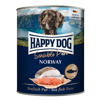 Puszka karmy Happy Dog Sensible Pure z brązowym psem, łososiem i białą rybą na etykiecie, z napisami "NORWEGIA" i "Seefisch Pur."