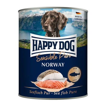 Puszka karmy Happy Dog Sensible Pure z brązowym psem, łososiem i białą rybą na etykiecie, z napisami "NORWEGIA" i "Seefisch Pur."