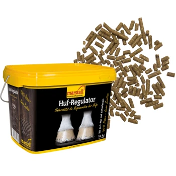 Behälter mit marstall Huf-Regulator Pferdefutter, 3,5 kg, mit verstreuten Pellets; fördert die Hufregeneration.