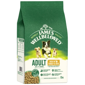 James Wellbeloved Adult dog food bag, rich in turkey & rice, hypoallergenic, 12kg, for dogs 1-7 years, promotes digestion, skin, and immune health.