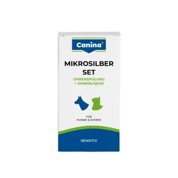 Canina Mikrosilber-Set Karton — Ohrspülung + Ohrenflüssigkeit für Hunde und Katzen; sichtbarer Text: 'MIKROSILBER SET', 'SENSITIV'.