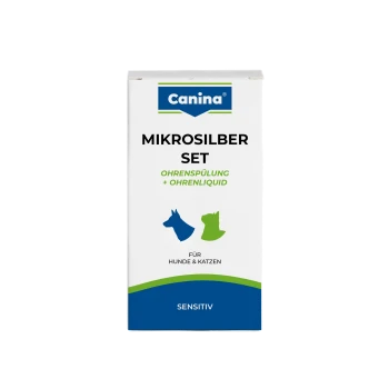 Canina Mikrosilber-Set Karton — Ohrspülung + Ohrenflüssigkeit für Hunde und Katzen; sichtbarer Text: 'MIKROSILBER SET', 'SENSITIV'.